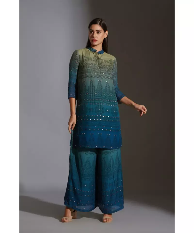 printed kurta with side slits and printed pants with mirror work embroidery