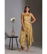 printed dhoti jumpsuit paired with asymmetrical jacket