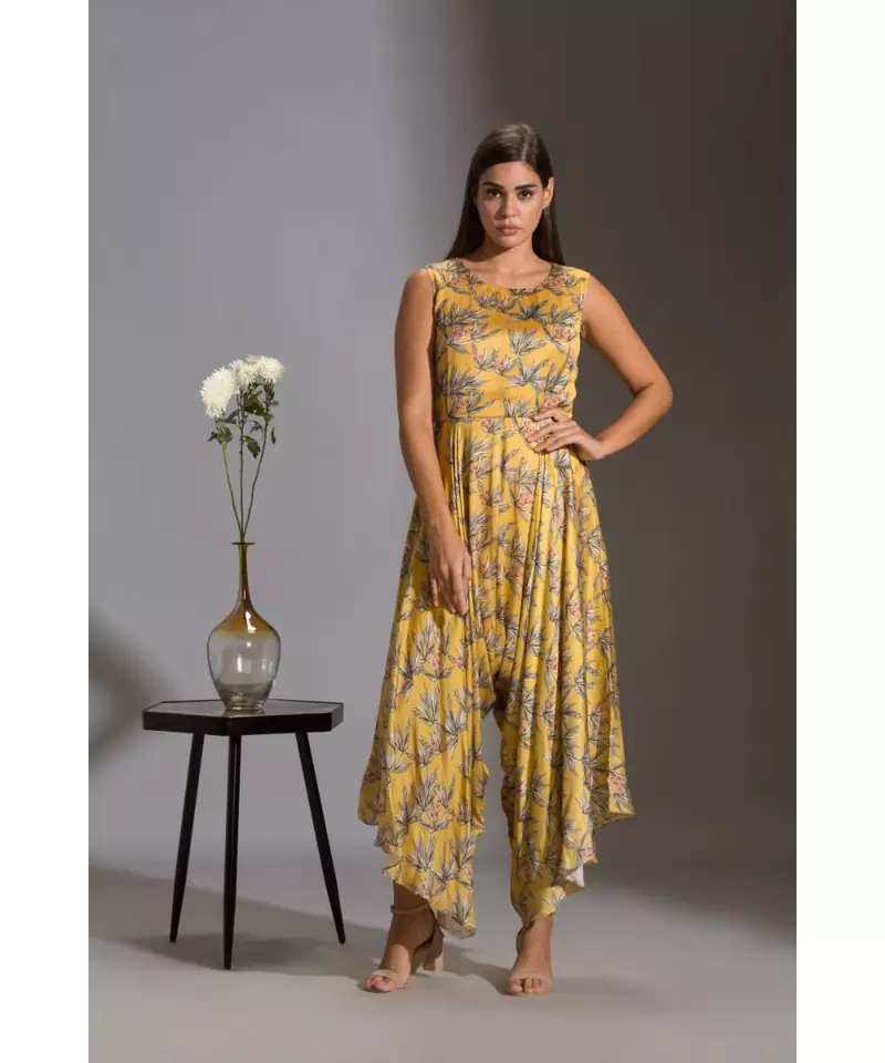 printed dhoti jumpsuit paired with asymmetrical jacket