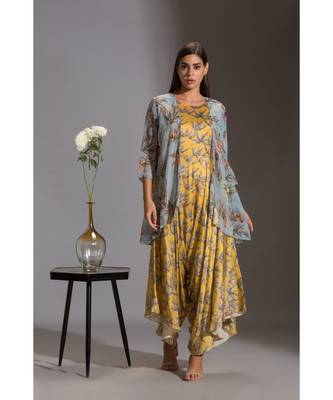Printed Dhoti Jumpsuit Paired With Asymmetrical Jacket 1