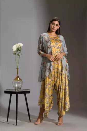 Printed Dhoti Jumpsuit Paired With Asymmetrical Jacket