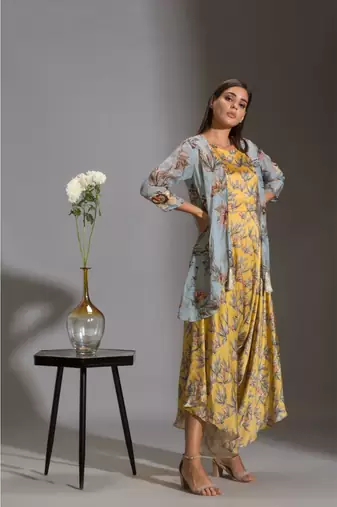 Printed Dhoti Jumpsuit Paired With Asymmetrical Jacket