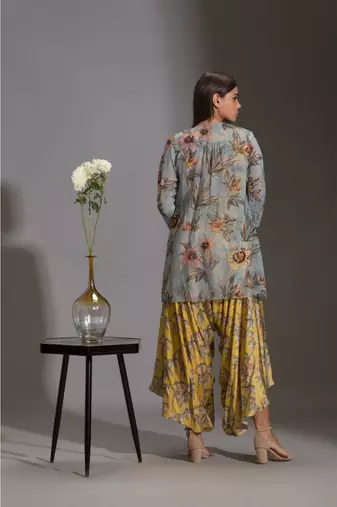 Printed Dhoti Jumpsuit Paired With Asymmetrical Jacket