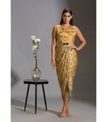 printed drape dress with side cuts paired with printed jackets and tassel detail