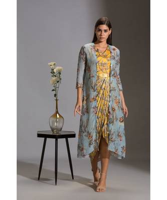 Printed Drape Dress With Side Cuts Paired With Printed Jackets And Tassel Detail 3