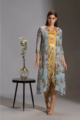 Printed Drape Dress With Side Cuts Paired With Printed Jackets And Tassel Detail