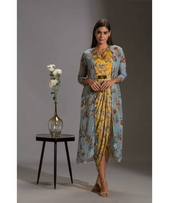 Printed Drape Dress With Side Cuts Paired With Printed Jackets And Tassel Detail 1