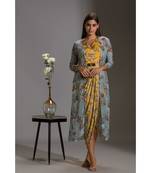 Printed Drape Dress With Side Cuts Paired With Printed Jackets And Tassel Detail