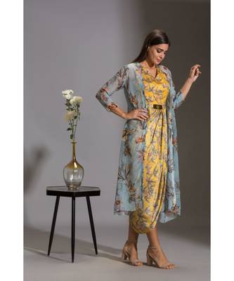 Printed Drape Dress With Side Cuts Paired With Printed Jackets And Tassel Detail 4