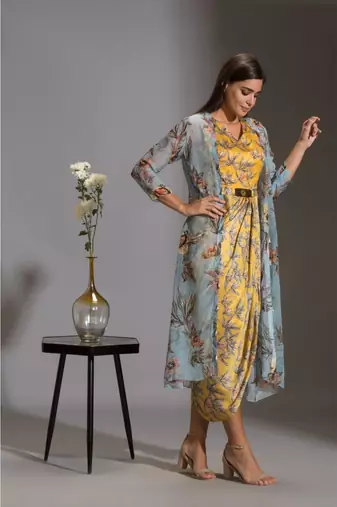 Printed Drape Dress With Side Cuts Paired With Printed Jackets And Tassel Detail