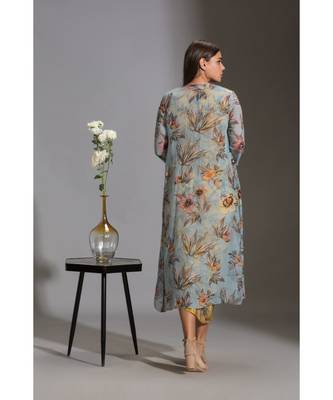 Printed Drape Dress With Side Cuts Paired With Printed Jackets And Tassel Detail 5