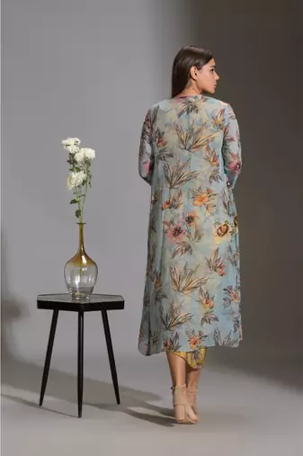 Printed Drape Dress With Side Cuts Paired With Printed Jackets And Tassel Detail