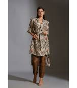 overlap printed jacket with bell sleeves paired with printed trousers