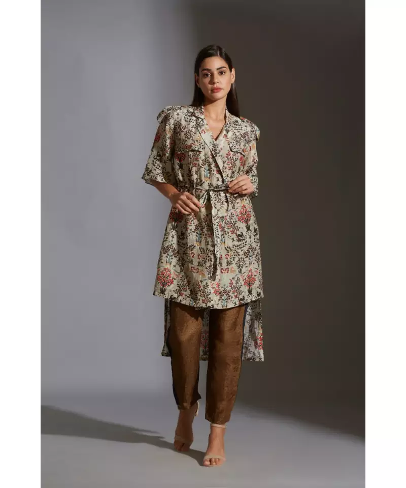 overlap printed jacket with bell sleeves paired with printed trousers