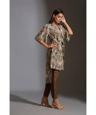 Overlap Printed Jacket With Bell Sleeves Paired With Printed Trousers 3