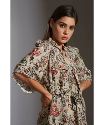 Overlap Printed Jacket With Bell Sleeves Paired With Printed Trousers 5