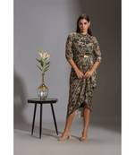 printed sequence drape dress with goldenbelt