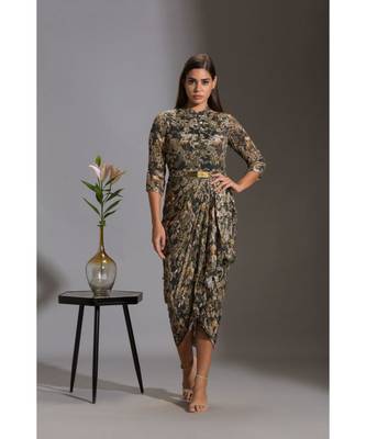 Printed Sequence Drape Dress With Goldenbelt 1