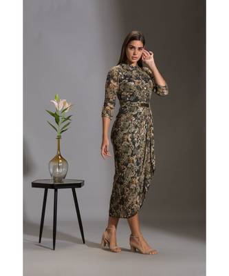 Printed Sequence Drape Dress With Goldenbelt 3