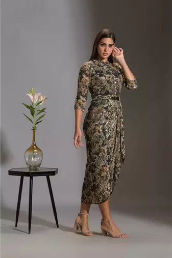 Printed Sequence Drape Dress With Goldenbelt