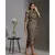 printed sequence drape dress with goldenbelt