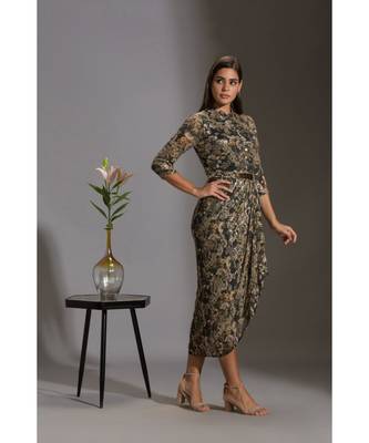Printed Sequence Drape Dress With Goldenbelt 4