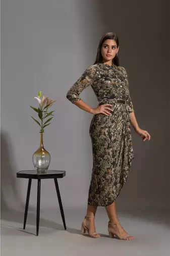 Printed Sequence Drape Dress With Goldenbelt