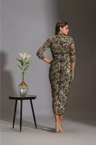 Printed Sequence Drape Dress With Goldenbelt