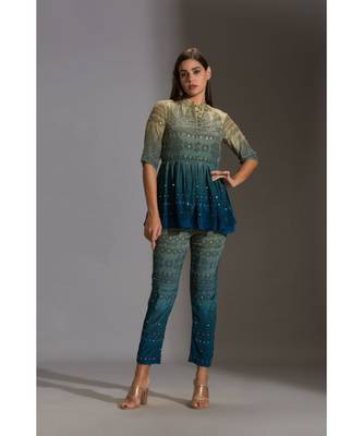 Peplum Printed Top Paired With Printed Pants 1