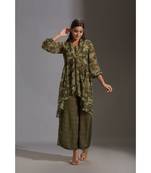 Printed Crop Top Paired With Printed Flared Pants And Rushed Jacket