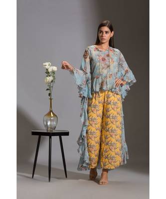 Printed Jumpsuit Paired With Printed Asymmetrical Top With Frills 3