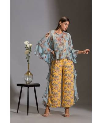 Printed Jumpsuit Paired With Printed Asymmetrical Top With Frills 1