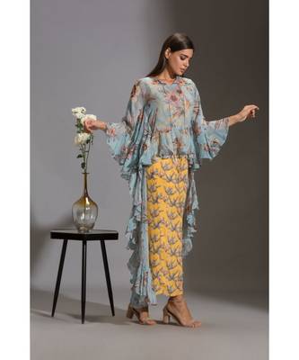 Printed Jumpsuit Paired With Printed Asymmetrical Top With Frills 4