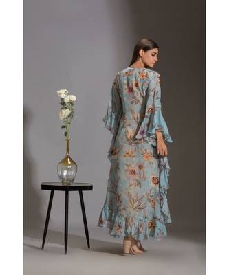 Printed Jumpsuit Paired With Printed Asymmetrical Top With Frills 5