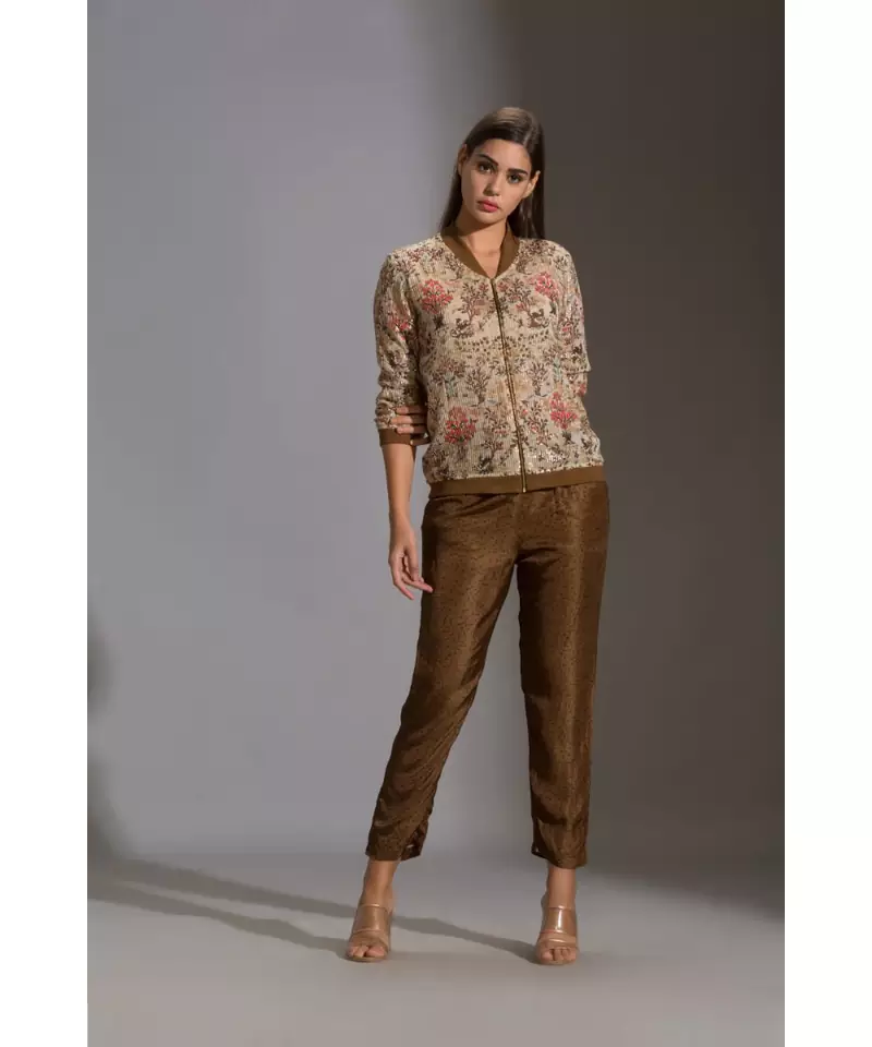 printed sequence jacket with zipper ad rib cuff paired with printed straight pants