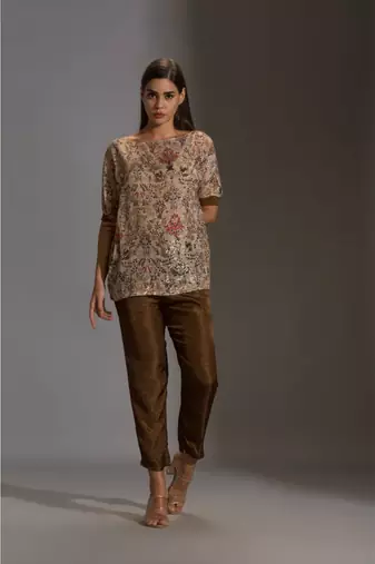 Prired One Shoulder Top Paired With Printed Pants