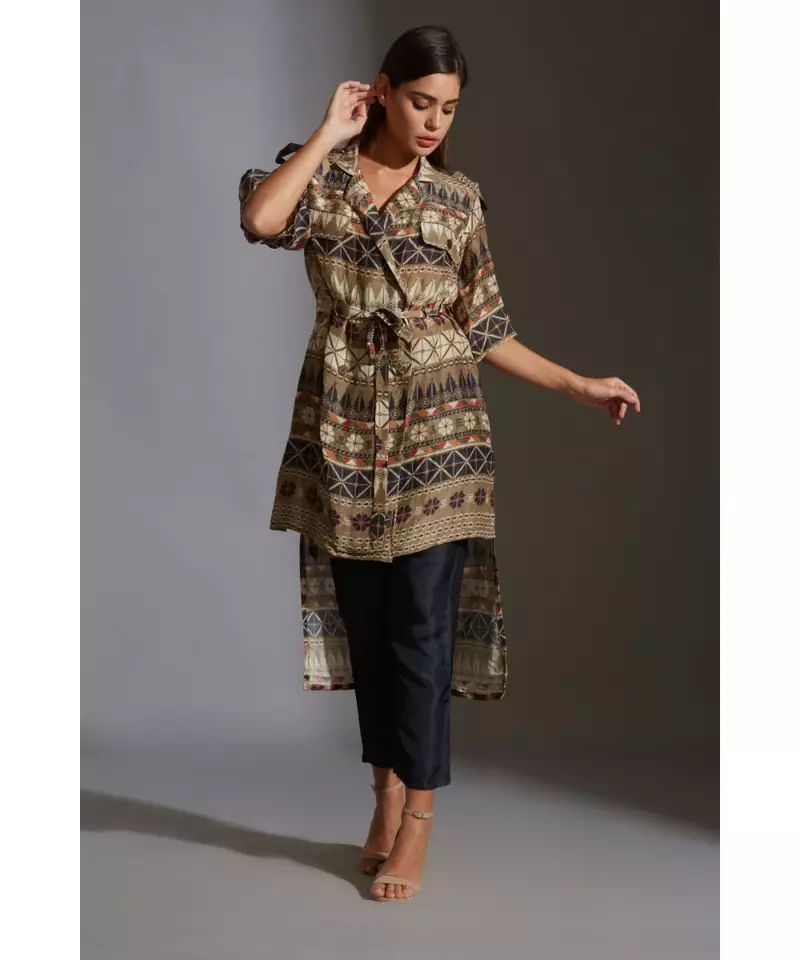 overlap printed jacket with bell sleeves paired with printed trousers