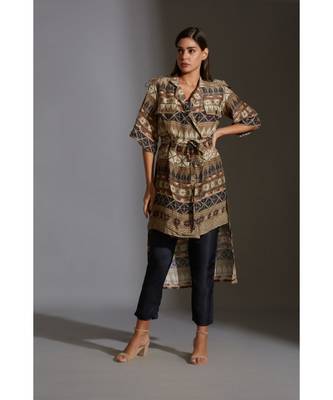 Overlap Printed Jacket With Bell Sleeves Paired With Printed Trousers 1