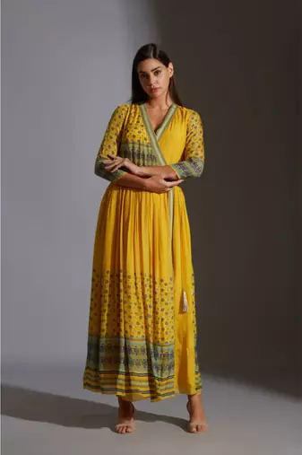 Overlap Printed Dress With Gathers