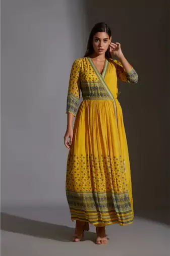 Overlap Printed Dress With Gathers