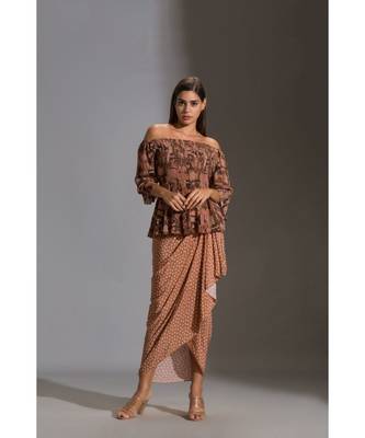 Rushed Offshoulder Top Paired With Printed Dhoti Skirt 1