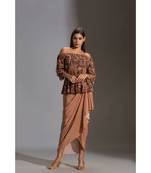 Rushed Offshoulder Top Paired With Printed Dhoti Skirt