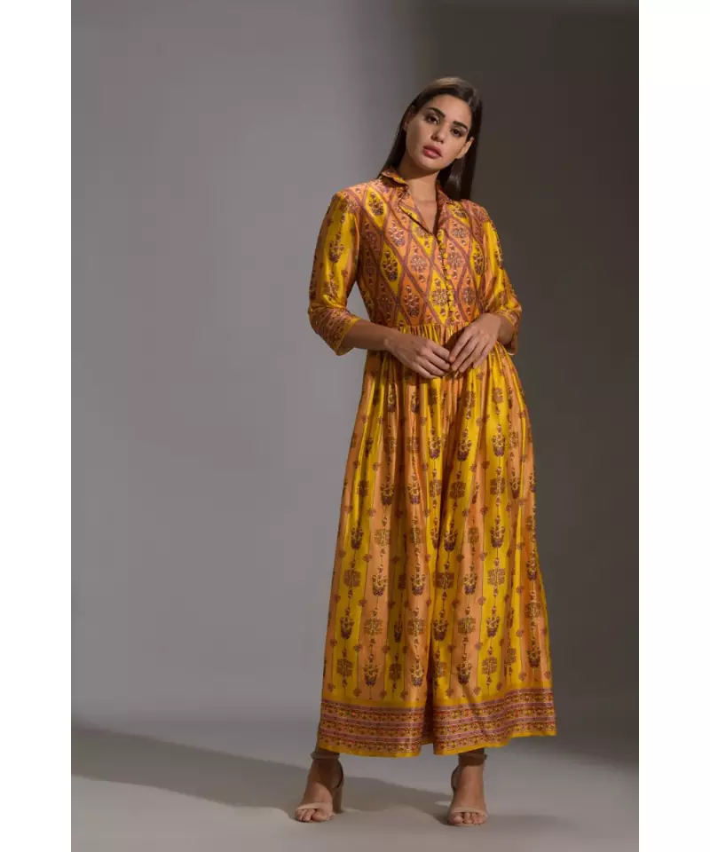 printed collared jumpsuit with front opening and potli button details