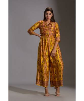Yellow Printed Collared Jumpsuit  1