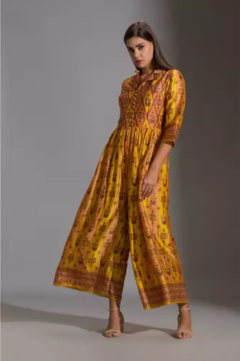 Yellow Printed Collared Jumpsuit 