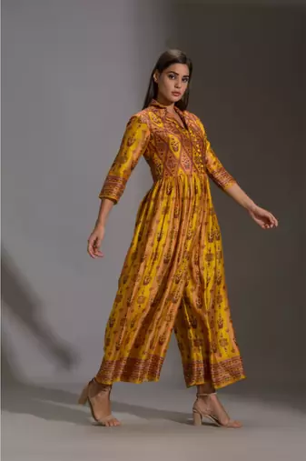 Yellow Printed Collared Jumpsuit 