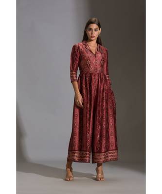 Maroon Printed Collared Jumpsuit  2
