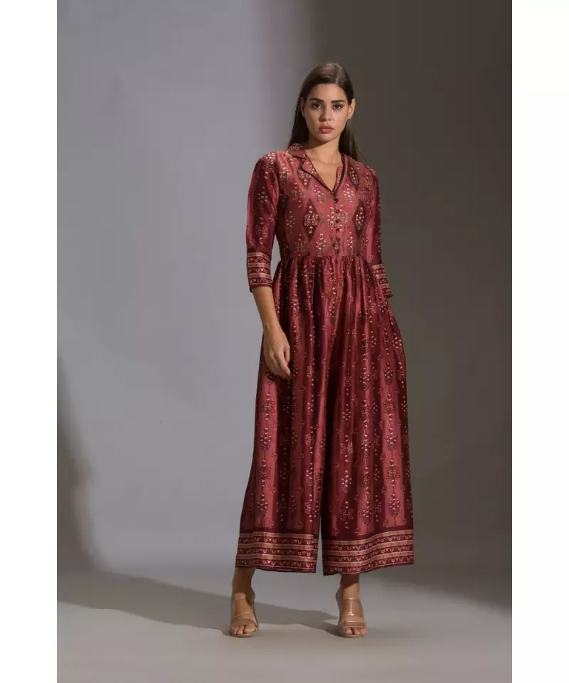 printed collared jumpsuit with front opening and potli button details