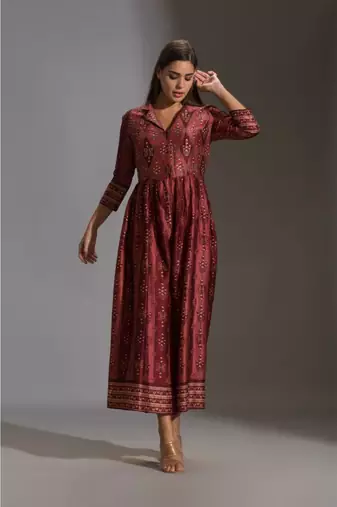 Maroon Printed Collared Jumpsuit 