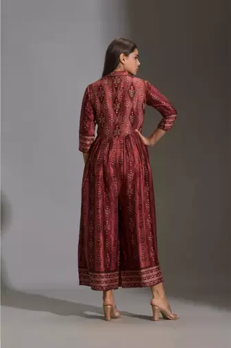Maroon Printed Collared Jumpsuit 